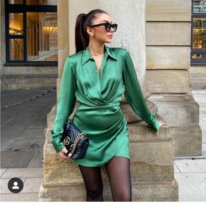 ( NWOT) Zara Satin Effect Wrap Dress Mini Green Draped size small blogge…